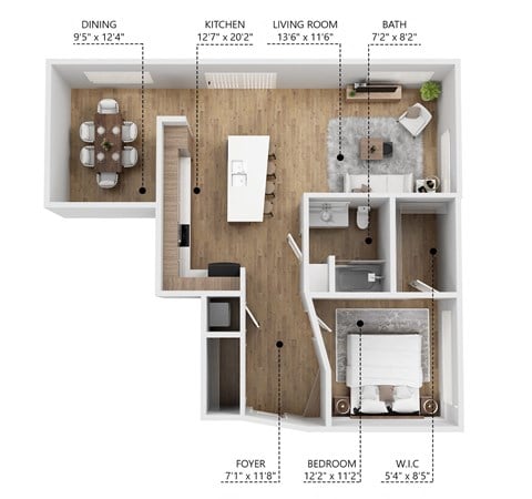 Floor plan for 1 bed, 1 bath, 895 sqft
